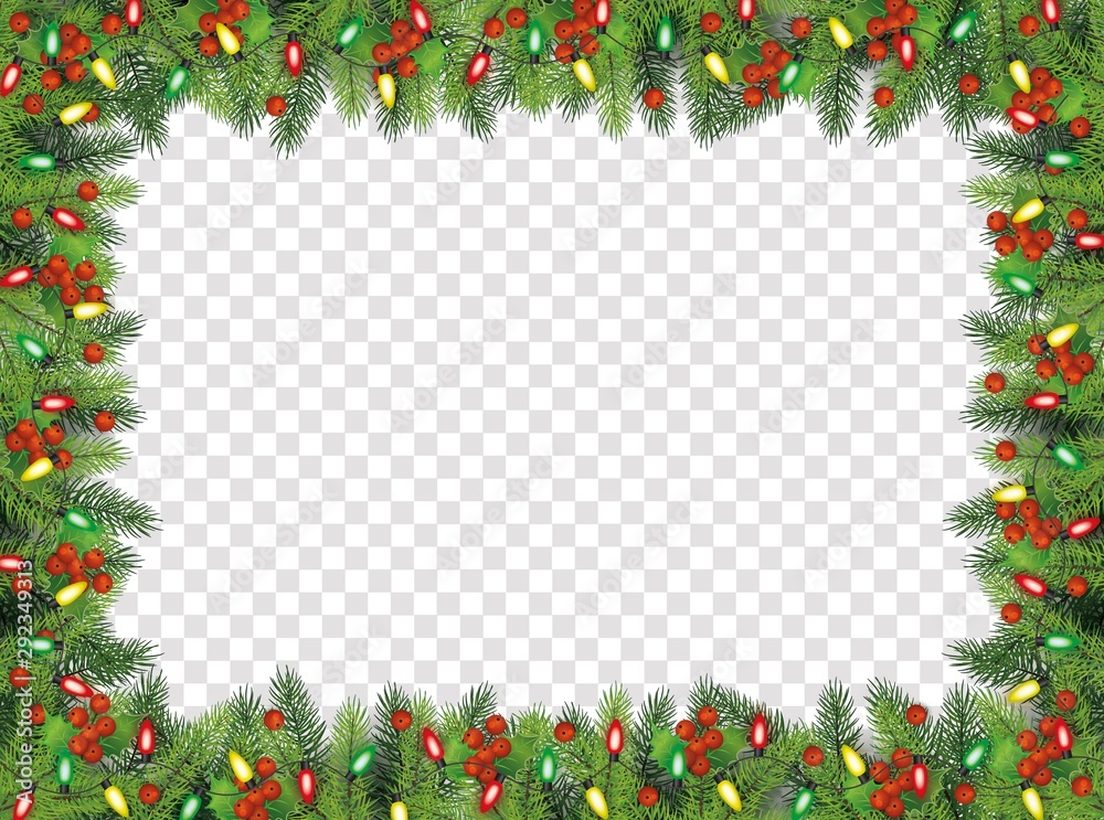 Christmas fir-tree with holly berries frame, vector illustration isolated.