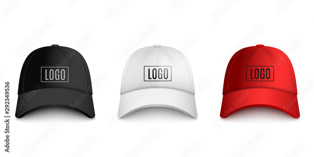 Realistic baseball cap front view mockup set with text logo template. Realistic baseball cap front view mockup set with text logo template.