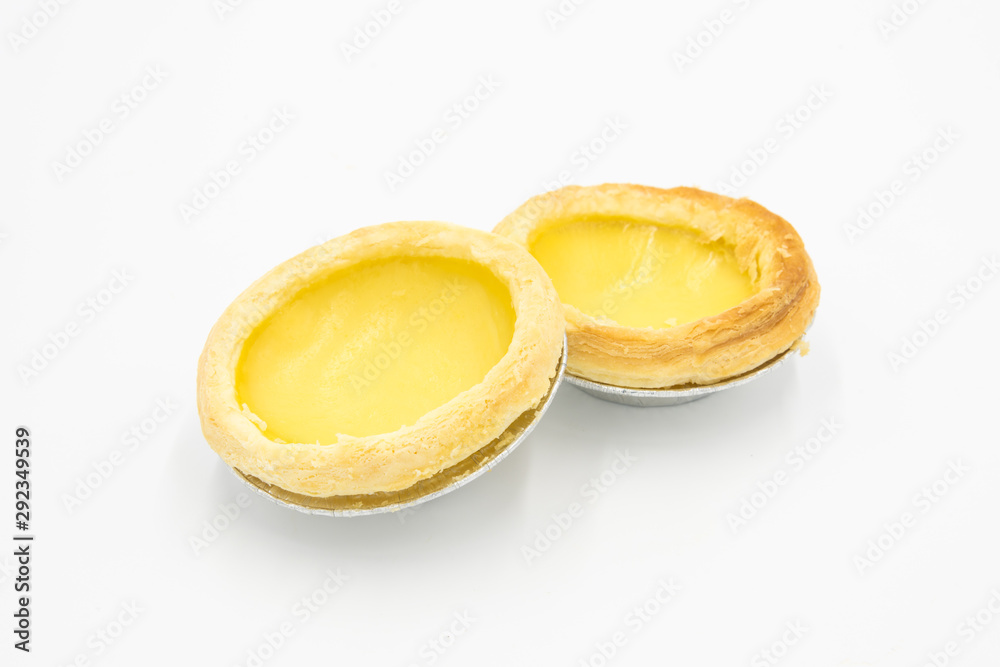 Hong Kong baked pastry 2 fresh tarts close-up isolated on a white background