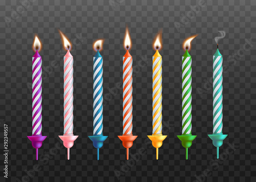 Lighted birthday cake candles vector illustrations set isolated on transparent.