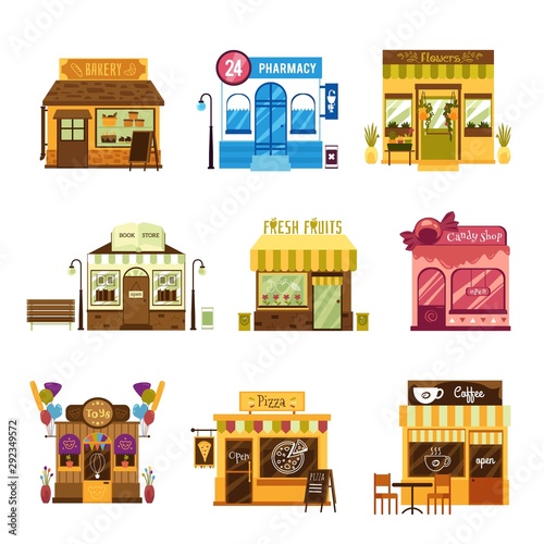 Set of shop and cafe buildings facades flat vector illustration isolated on white.