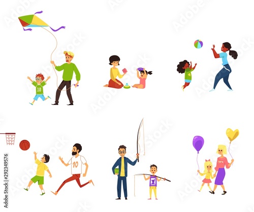 Children and parents, daughters and sons, mothers and fathers play together.