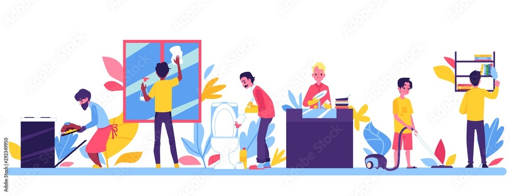 Male in householding routine cleaning his house vector illustration isolated.
