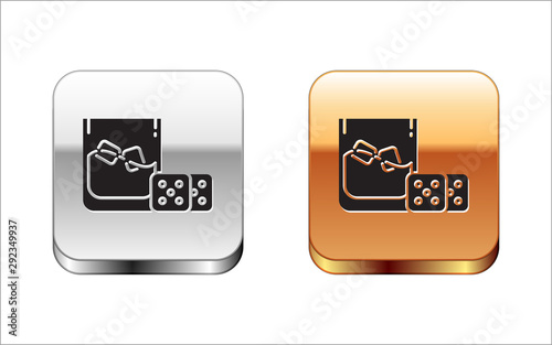 Black Game dice and glass of whiskey with ice cubes icon isolated on white background. Casino gambling. Silver-gold square button. Vector Illustration