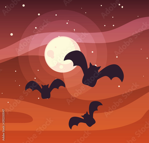 bats flying with moon in scene of halloween