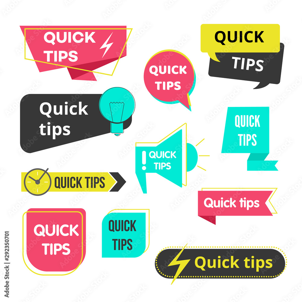 Quick tips bubbles and banners set of vector icon illustrations isolated on white. Quick tips bubbles and banners set of vector icon illustrations isolated on white.