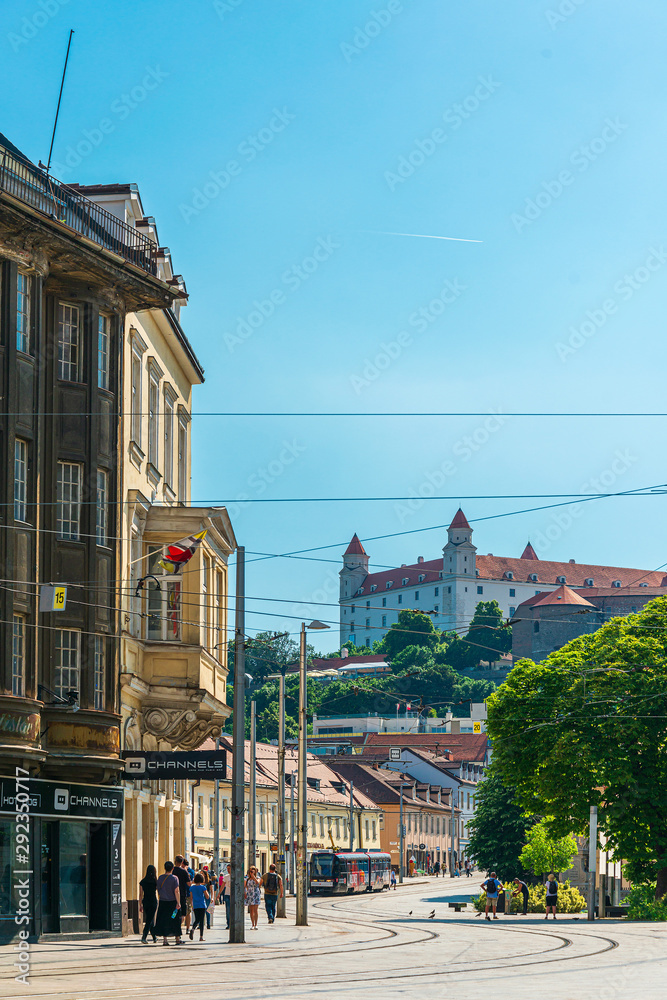 BRATISLAVA, SLOVAKIA - June 27, 2018: Street view of downtown in Bratislava, Slovakia