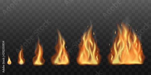 Realistic fire flames set vector illustration isolated on transparent background.