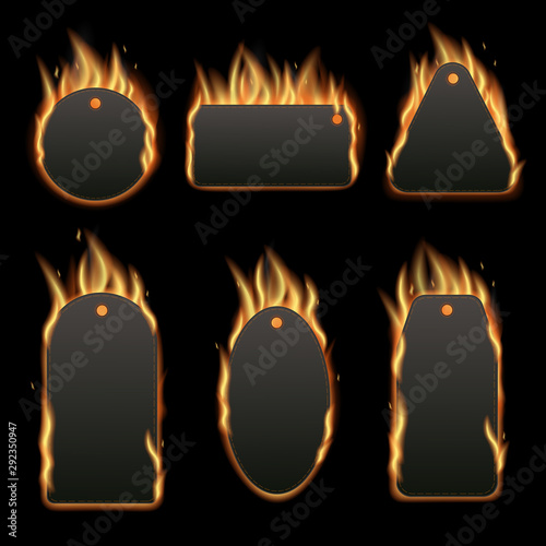 Burning shopping price tag sale - isolated black clothing labels in different shapes