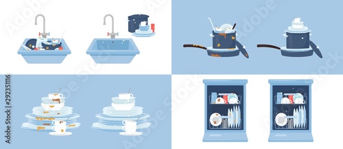 Clean and dirty dishes and sinks flat vector illustrations set isolated.