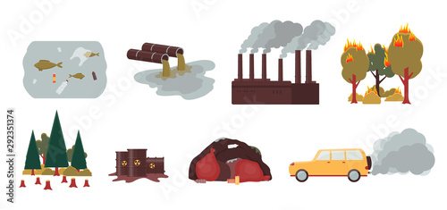 Environment pollution and ecology disaster set - isolated vector illustration photo