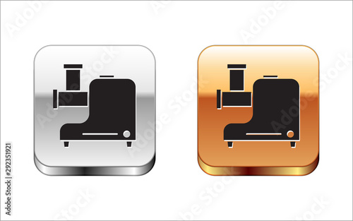 Black Kitchen meat grinder icon isolated on white background. Silver-gold square button. Vector Illustration