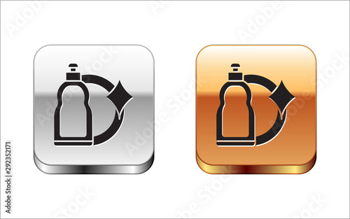 Black Plastic bottle for liquid laundry detergent, bleach, dishwashing liquid or another cleaning agent icon isolated on white background. Silver-gold square button. Vector Illustration