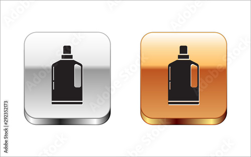 Black Plastic bottle for liquid laundry detergent, bleach, dishwashing liquid or another cleaning agent icon isolated on white background. Silver-gold square button. Vector Illustration