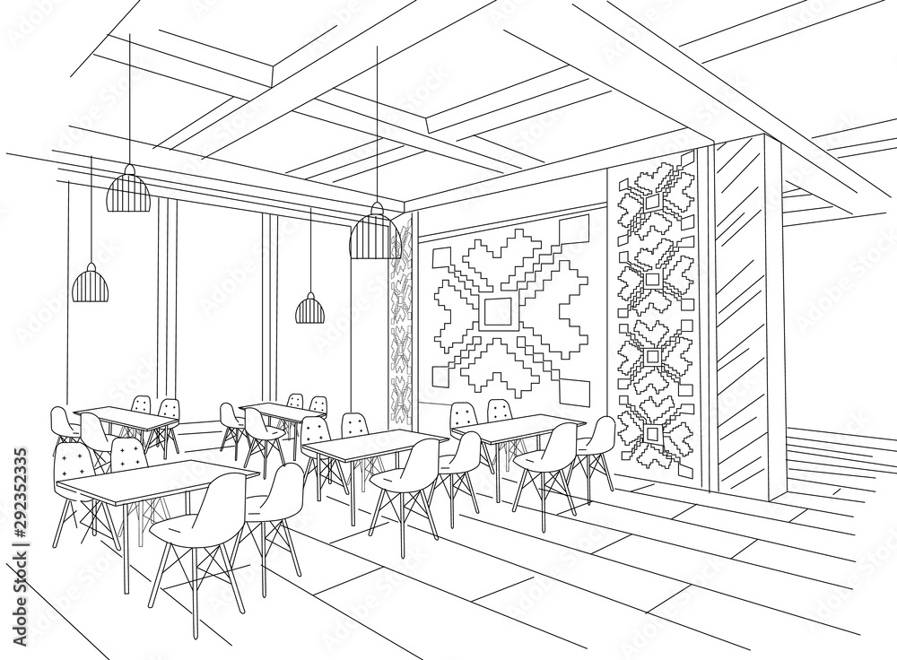 Interior sketch of Moldavian restaurant interior with local traditional ornaments