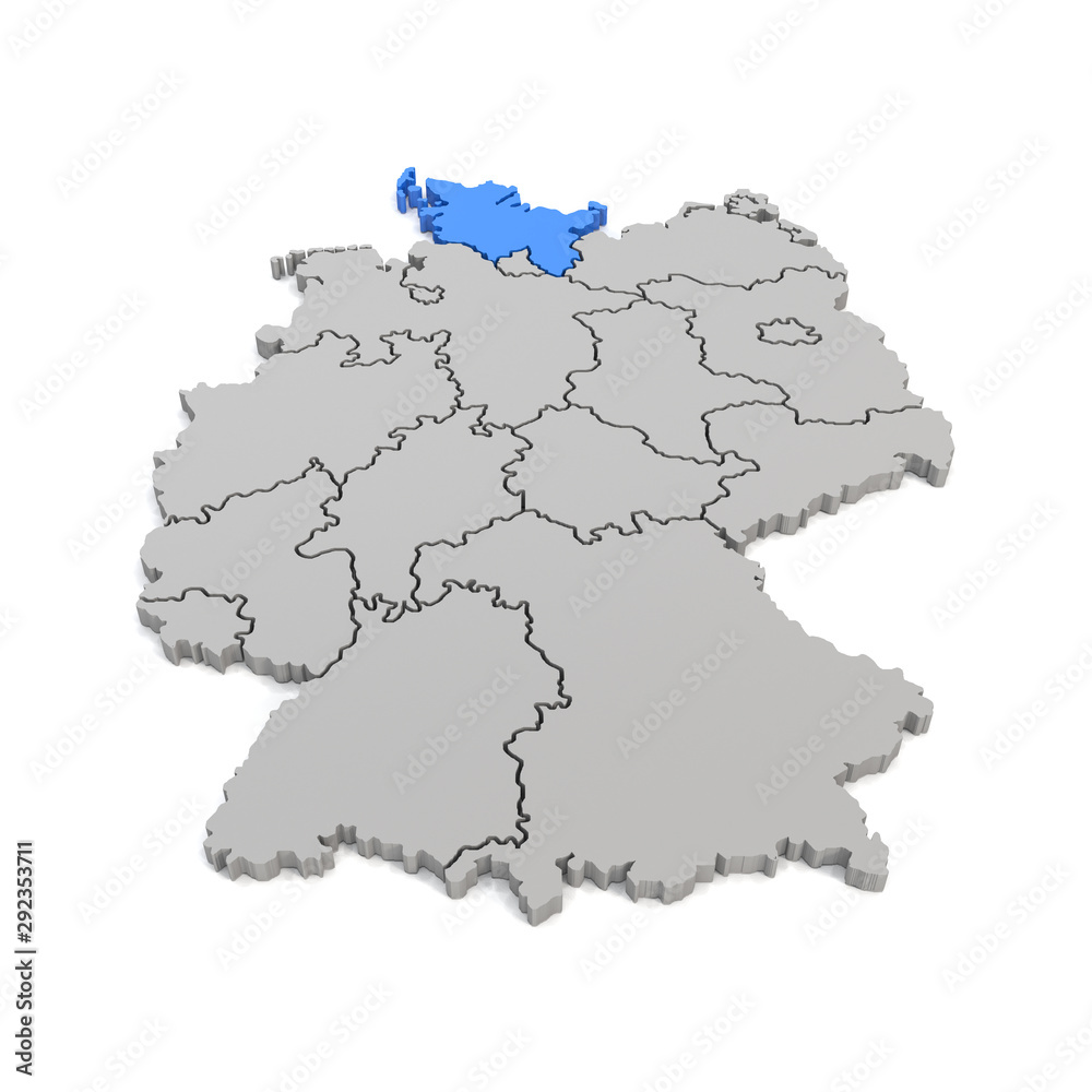 3d Illustation - Deutschlandkarte in grau mit Fokus auf Schleswig-Holstein in blau - 16 Bundesländer
