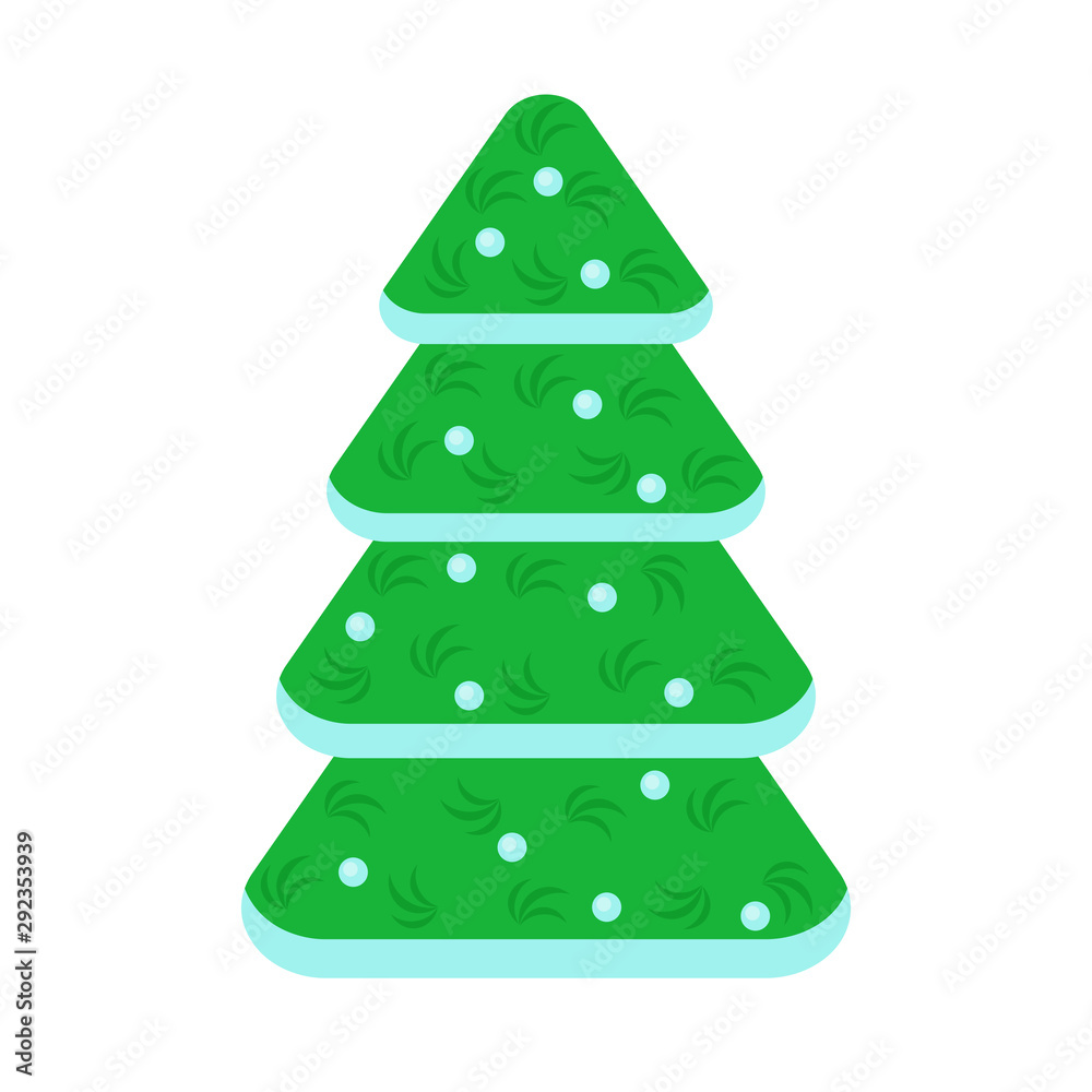 Christmas Decorated New Year tree, green spruce and gift box under xmas tree. Winter holiday traditional decorated fir trees with balls and garland. Isolated flat vector illustration icon Christmas Decorated New Year tree, green spruce and gift box under xmas tree. Winter holiday traditional decorated fir trees with balls and garland. Isolated flat vector illustration icon