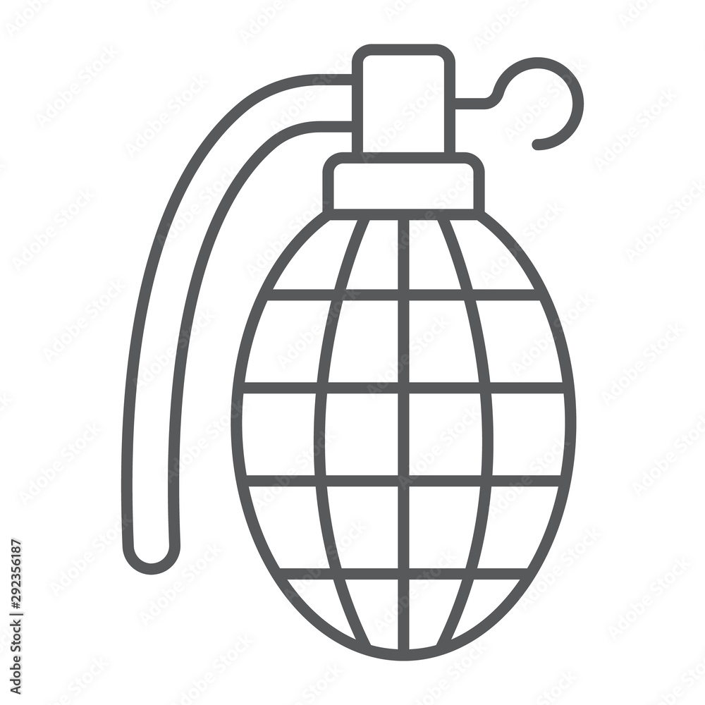 Grenade thin line icon, army and military, hand bomb sign, vector graphics, a linear pattern on a white background. Grenade thin line icon, army and military, hand bomb sign, vector graphics, a linear pattern on a white background.