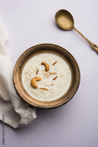 Rice Kheer or Firni or Khir is a pudding from Indian subcontinent, made by boiling milk ,sugar and Rice. Served in a bowl