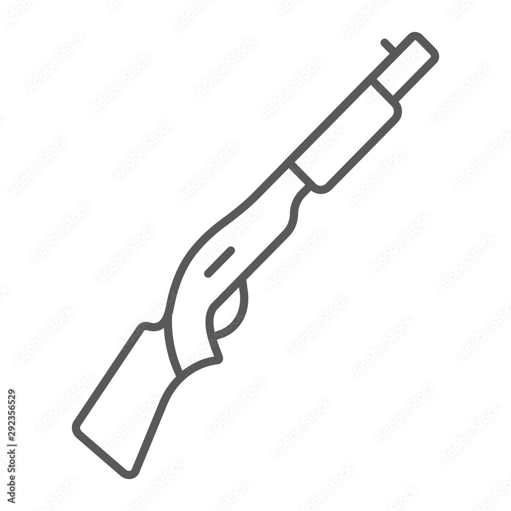 Shotgun thin line icon, weapon and military, automatic rifle sign, vector graphics, a linear pattern on a white background. Shotgun thin line icon, weapon and military, automatic rifle sign, vector graphics, a linear pattern on a white background.