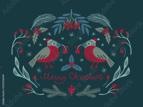 Cute Christmas card with two bullfinches and winter flora. Vector illustration and lettering.