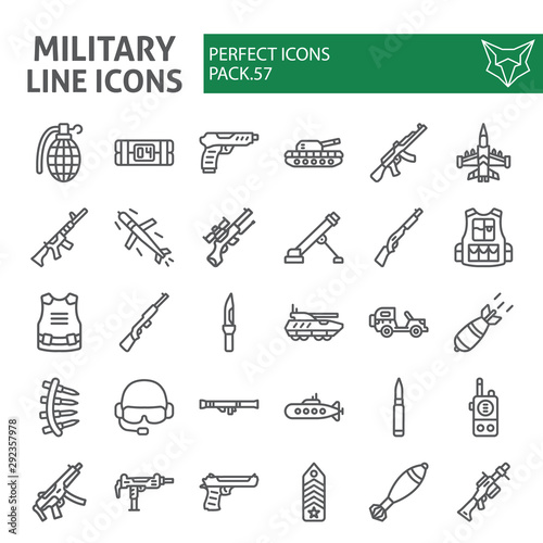 Military line icon set, war and army symbols collection, vector sketches, logo illustrations, weapon signs linear pictograms package isolated on white background.
