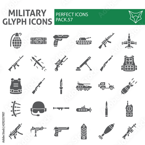 Military glyph icon set, war and army symbols collection, vector ...