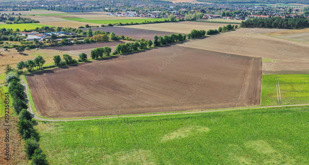 Oblique aerial photograph of an ungrown field with pentagonal geometry at the edge of an avenue with trees on a country road.