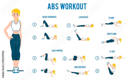 ABS workout for women the banner with exercises flat vector illustration isolated.