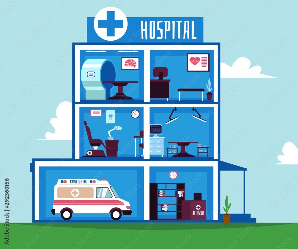 Hospital or healthcare clinic rooms interiors the flat vector illustration.