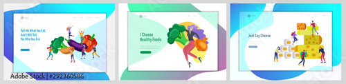 Landing page template with Happy People with vegetable and healthy food, jumping and dansing. Veggie recipe, vegetarian diet and detox concept, eco friendly lifestyle. Colorful