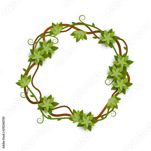 Round and circle frame of vines and leaves with lianas, concept of jungle and rainforest.