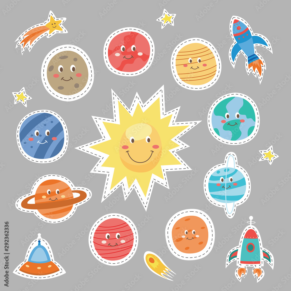 Set of cartoon planets with funny faces stickers vector illustration isolated.