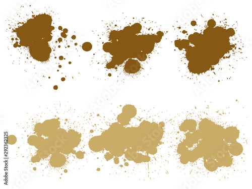 Collection of artistic grungy paint drop, hand made creative splash or splatter stroke set isolated white background. Abstract grunge dirty coffee stain group or graphic art vintage decoration