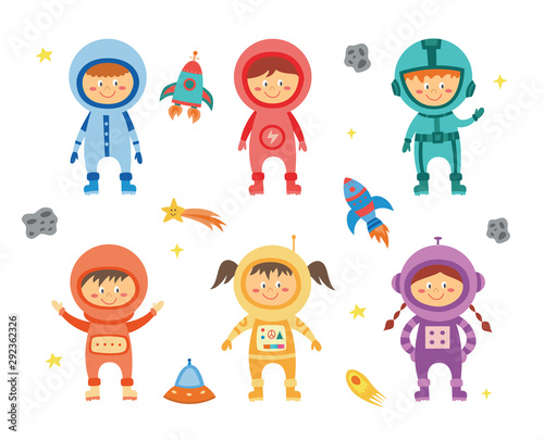Fotografie, Tablou Kids astronauts and cosmonauts set with rockets flat vector illustration isolated