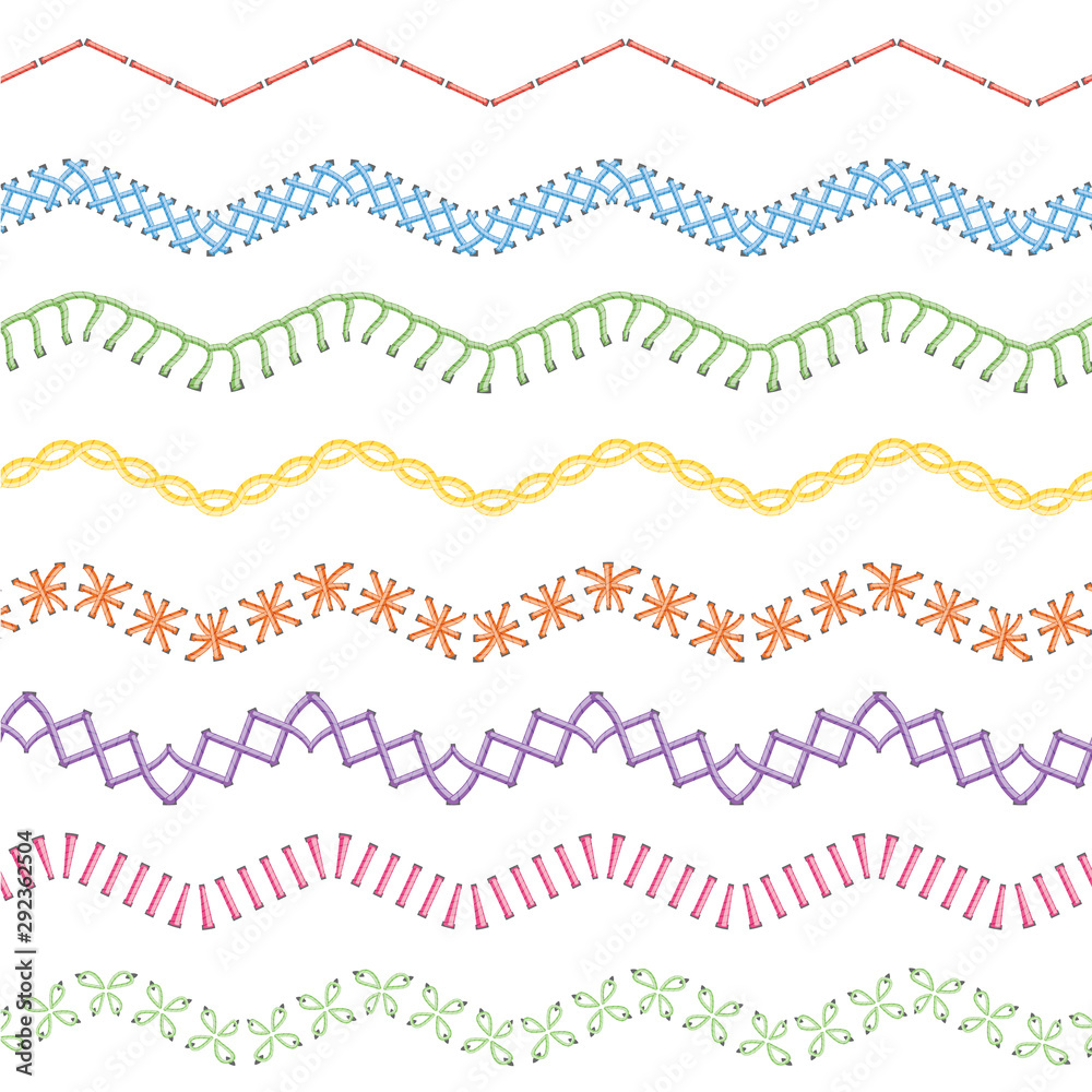 Set of seamless stitch brushes with sewing seams vector illustration isolated. Set of seamless stitch brushes with sewing seams vector illustration isolated.