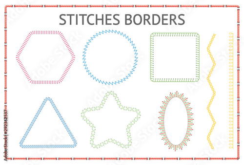 Set of seamless stitch borders of different shapes vector illustration isolated.