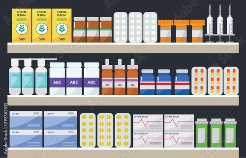 Pharmacy store shelves with medicine