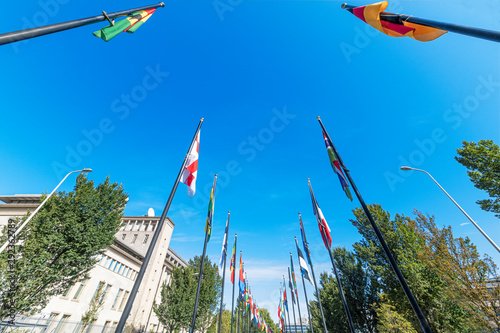 Alignment of flags under a beautiful and sunny blue sky in the International area of The Hague, Netherlands