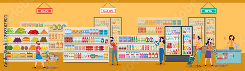 People shopping in a supermarket or grocery store flat vector illustration.