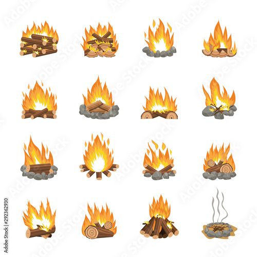 Set of cartoon bonfire variations - firewood stacking methods for campfire burn strength