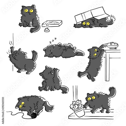 Naughty cat's bad behavior funny scenes,set of sketch vector illustration isolated.