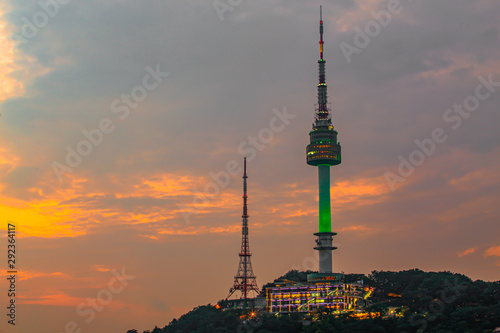 Seoul tower at night Located on Namsan Mountain in Seoul  South Korea.