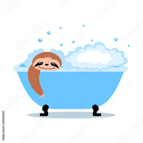 Cute cartoon sloth taking a bath. Flat vector illustration.