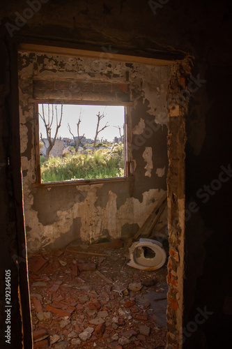 Abandoned and destroyed city in Buenos Aires. Ghost town of Epecuen. The destructive effect of nature resembles a bombardment.