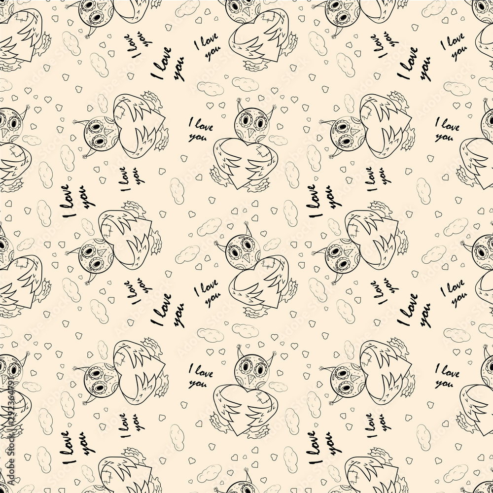 Fototapeta premium contoured seamless childrens illustration of a owl hugging a heart with I love you
