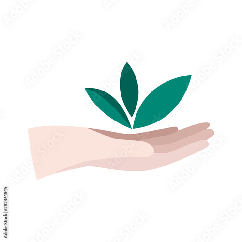 Hand hold green plant. Environmental, reforestation, eco concept. Business growth icon. Flat vector illustration.