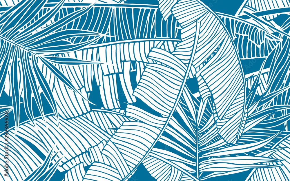 Fototapeta Wzór liści tropikalnych. Tekstura z liści bananowca i liści palmowych. Element projektu, baner dla branży turystycznej i turystycznej, letnia wyprzedaż, druk tkanin i tekstyliów.