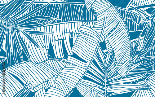 Tropical leaves pattern. Seamless texture with banana foliage and palm leaf. Design element, banner for tourism and travel industry, summer sale, print for fabrics and textile.
