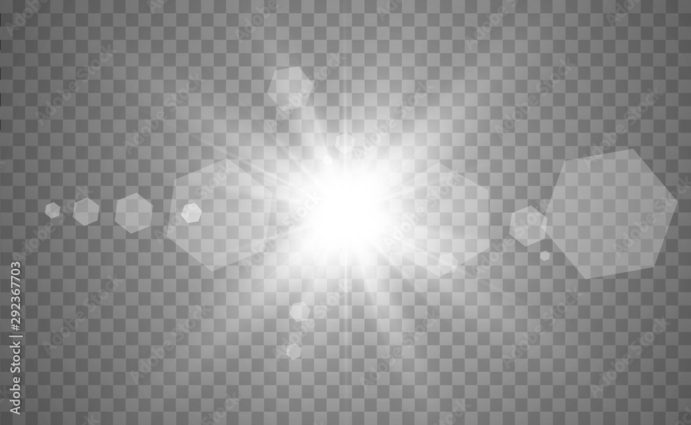 Fototapeta premium Special lens flash, light effect. The flash flashes rays and searchlight. illust.White glowing light. Beautiful star Light from the rays. The sun is backlit. Bright beautiful star. Sunlight. Glare.